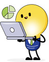 Image of Lightbulb Mascot holding a laptop