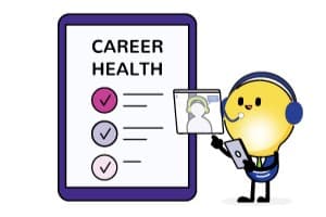 CareersHorizon lightbulb mascot with tablet having a virtual career guidance session.