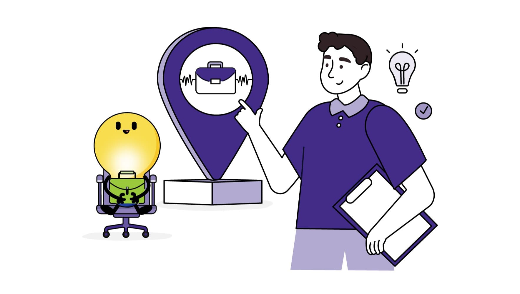 Person holding folder alongside CareersHorizon lightbulb mascot and location marker, illustrating event participation.
