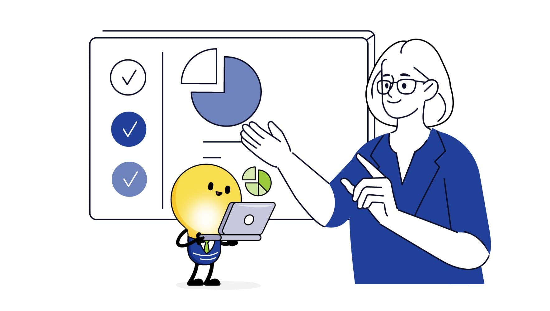 Presenter showing charts while CareersHorizon lightbulb mascot looks at laptop, illustrating seminar and workshop participation.