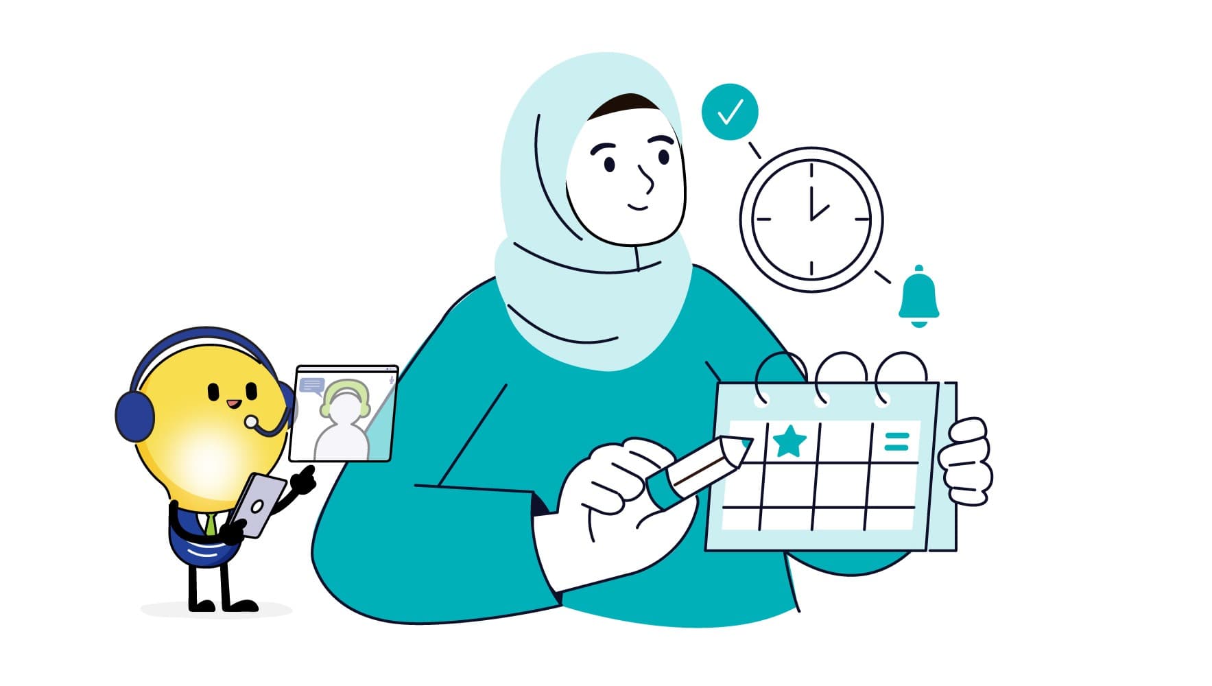 An illustrated lady marking a calendar alongside CareersHorizon lightbulb mascot on mobile device, illustrating participation in career fairs.