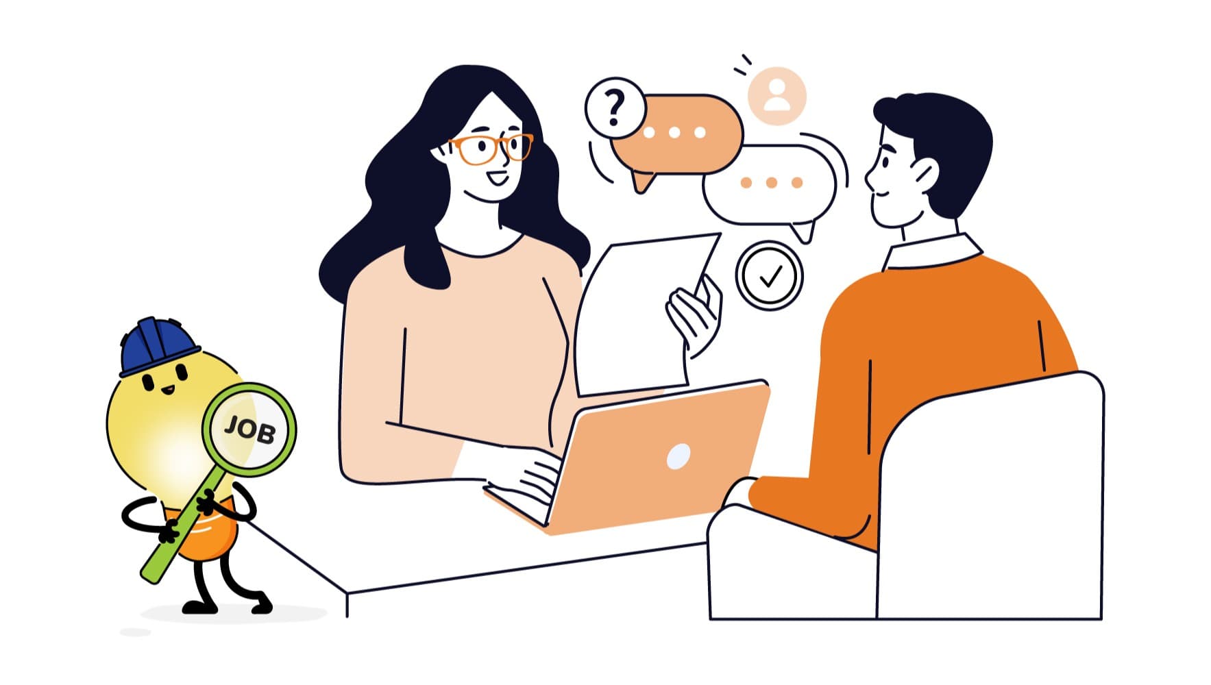 Two illustrated people sitting at a desk facing each other, one with computer and documents, representing a job interview.