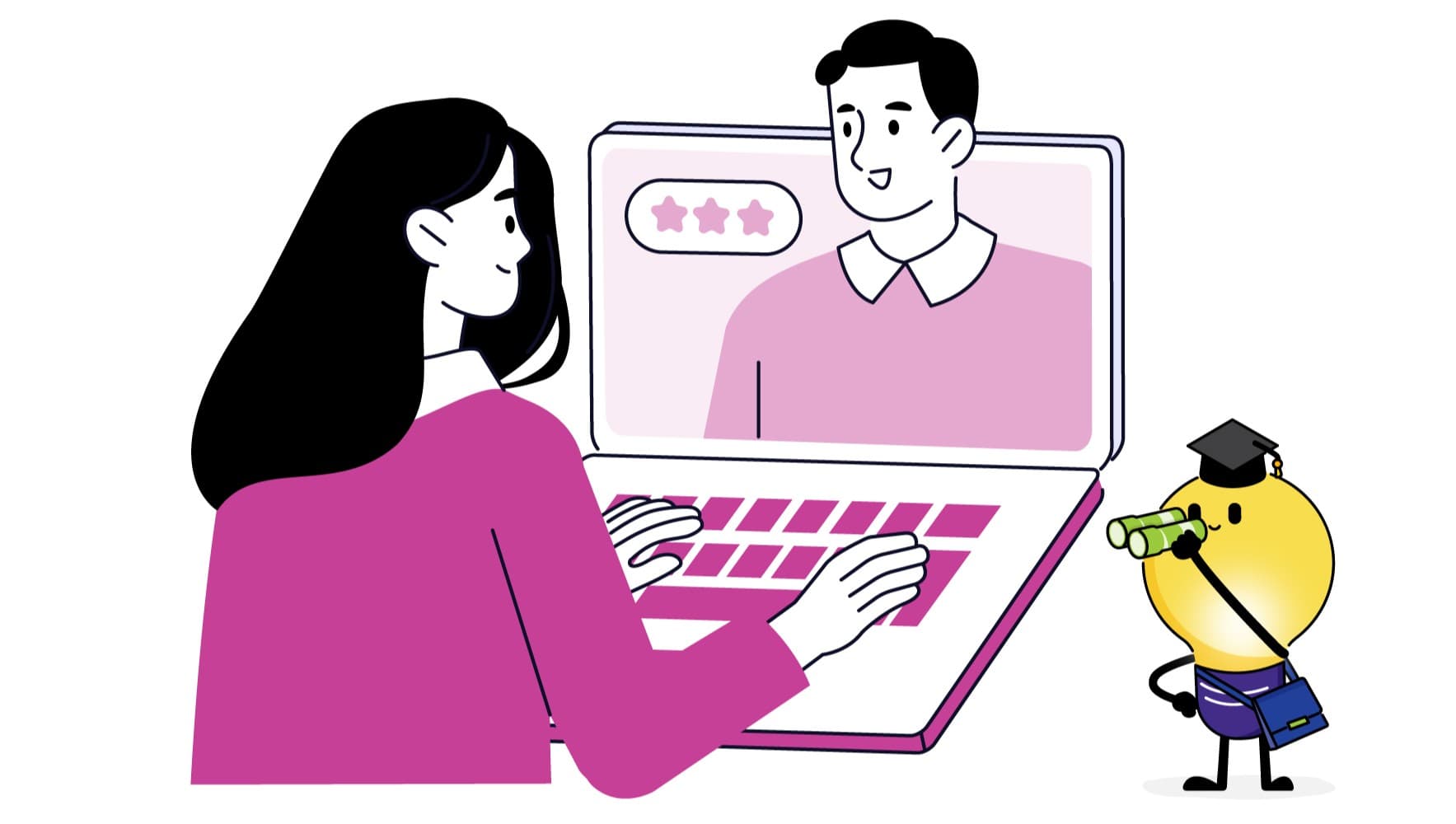 Illustrated interviewer and candidate connected via computer screens, representing a virtual job interview.