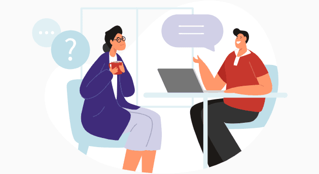 A 2D character of a woman and a man sat opposite each other, where the man have a laptop on the table infront of him