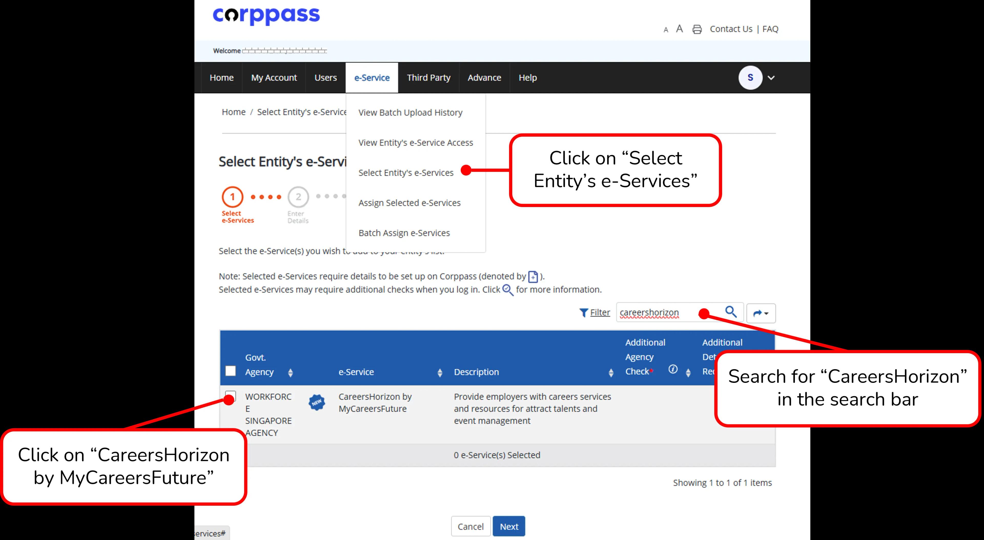 Selecting CareersHorizon e-service in Corppass