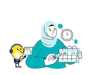 An illustrated lady marking a calendar alongside CareersHorizon lightbulb mascot on mobile device, illustrating participation in virtual career fairs.