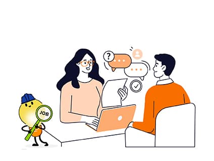 Two illustrated people sitting at a desk facing each other, one with computer and documents, representing a job interview.