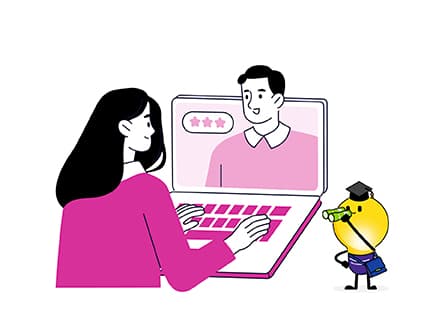 Illustrated interviewer and candidate connected via computer screens, representing a virtual job interview.