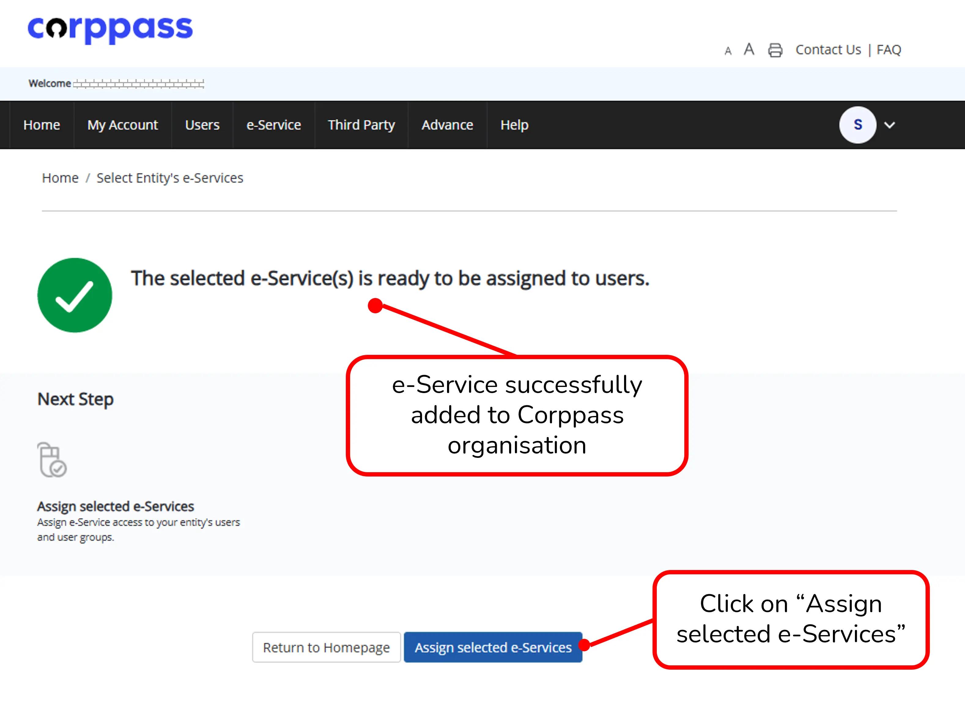 Successful addition of e-service to entity