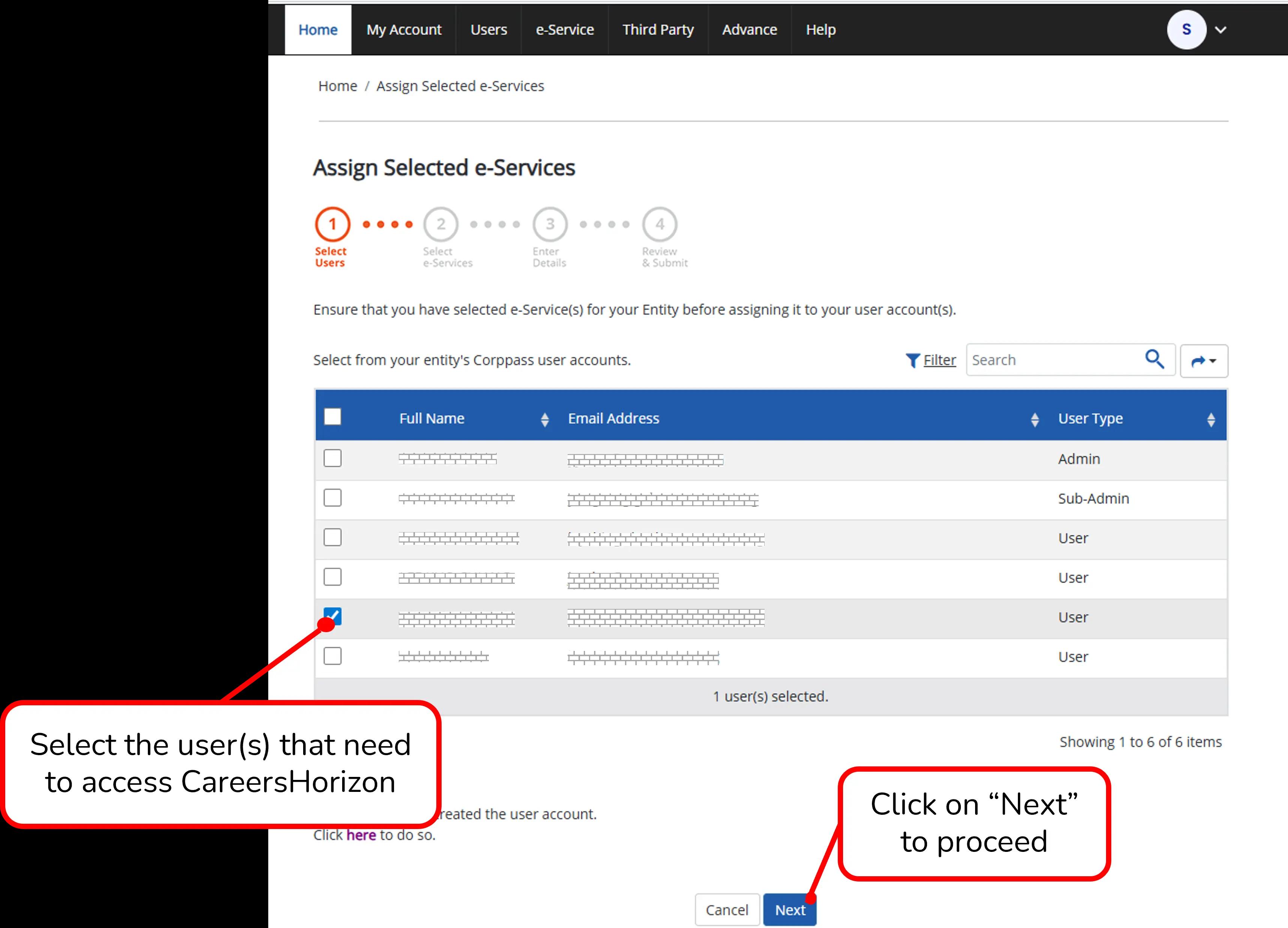 Selecting users to assign e-services