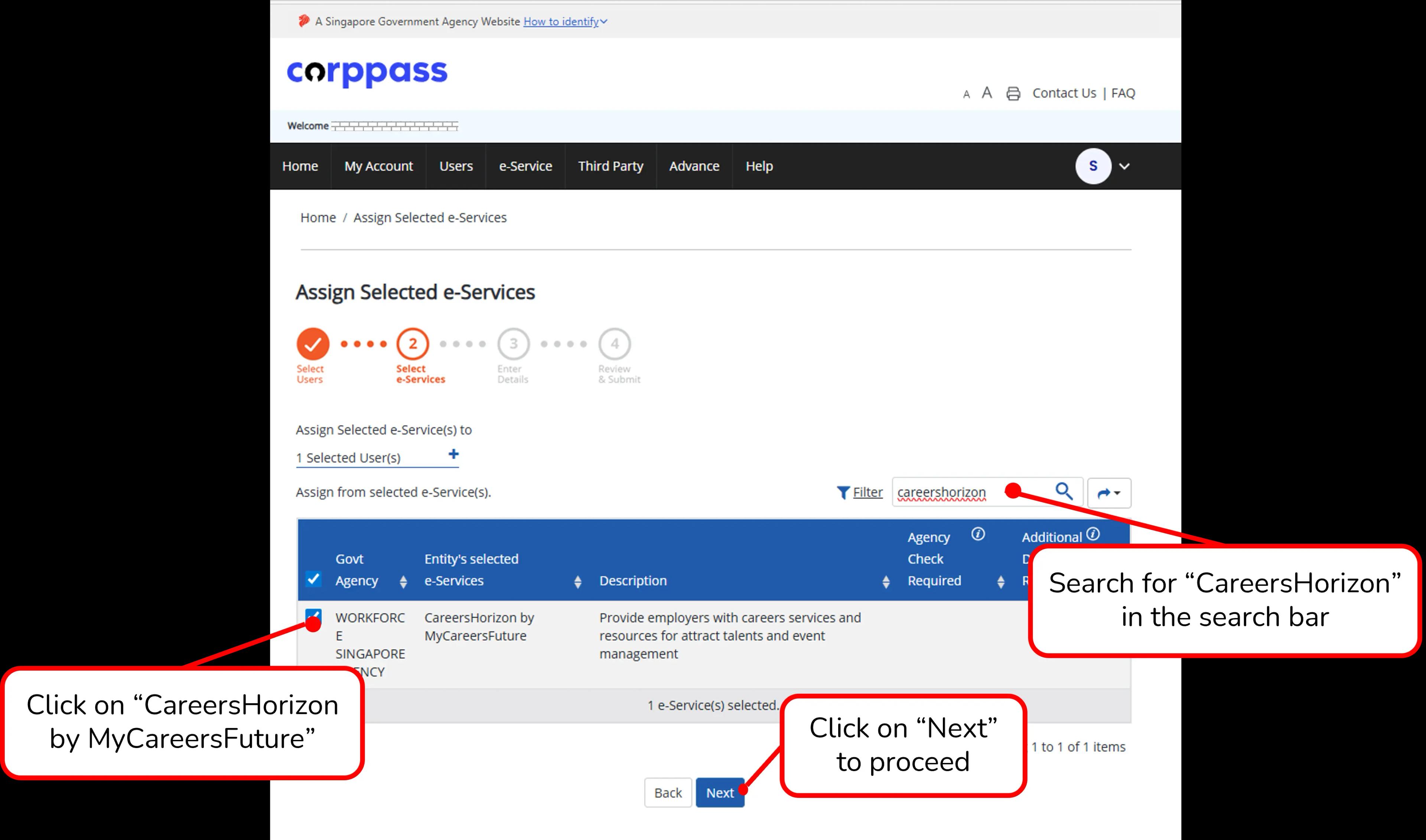 Selecting CareersHorizon e-service for users