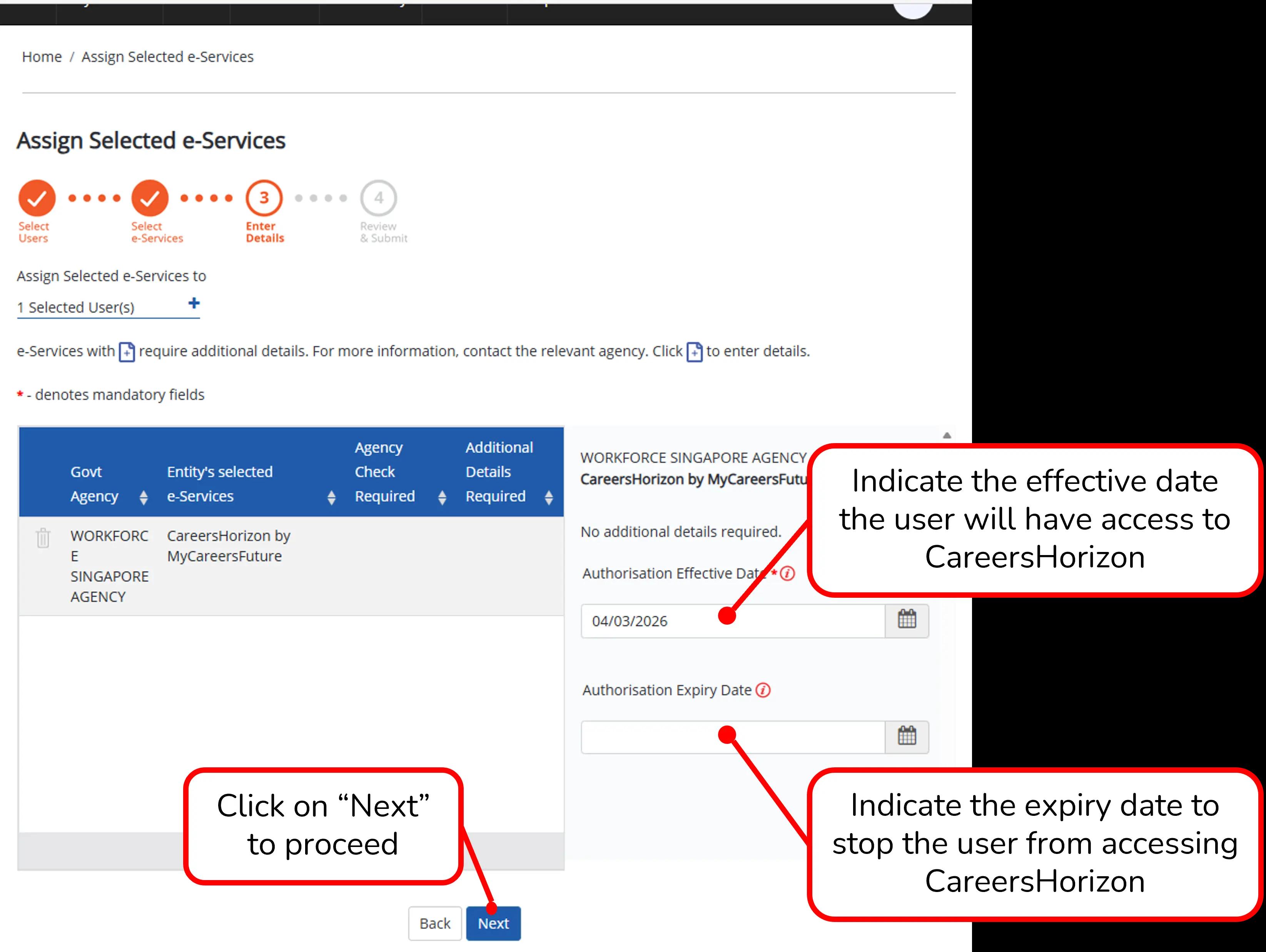 Configuring effective and expiry dates for e-service access