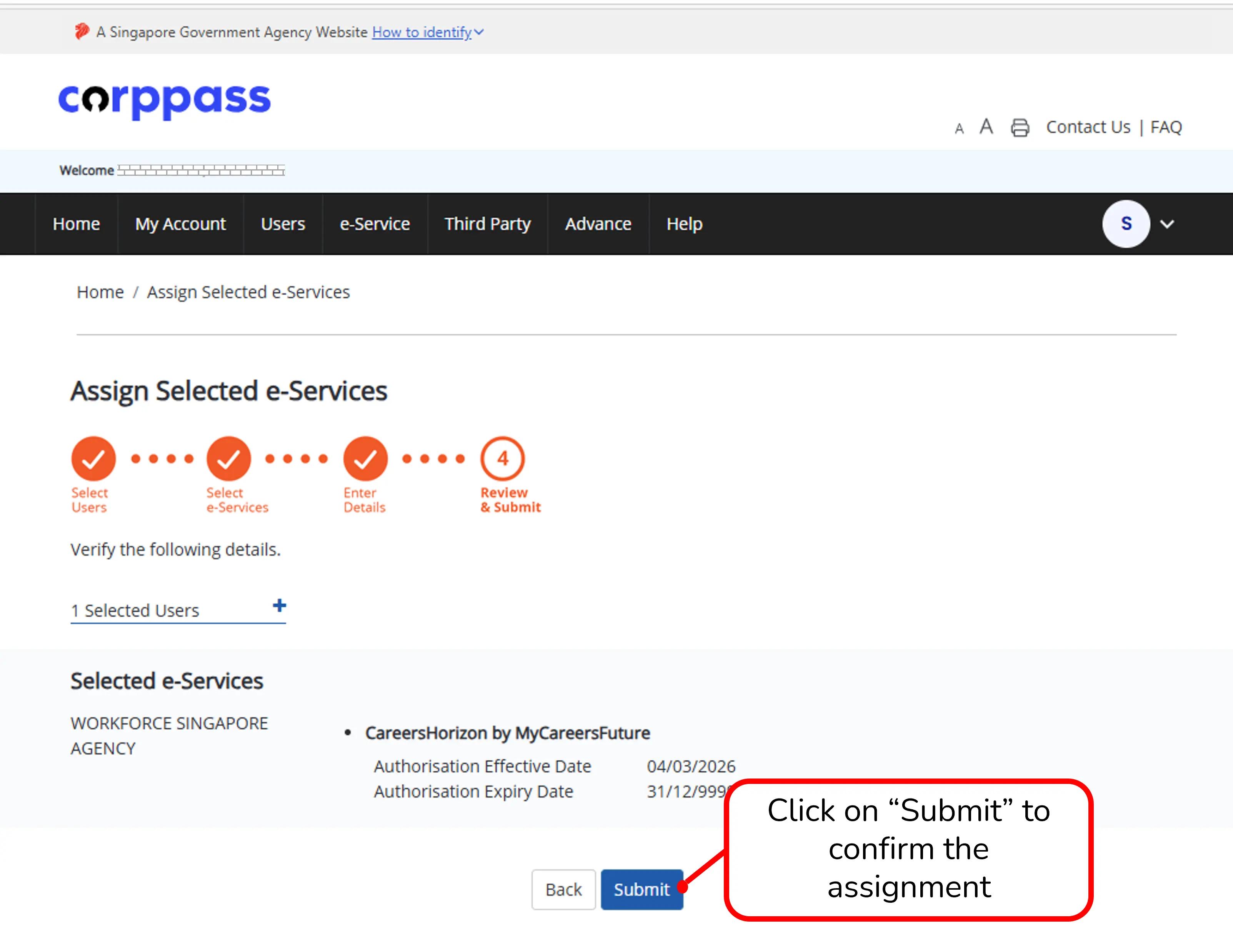 Confirming assignment of e-service to user