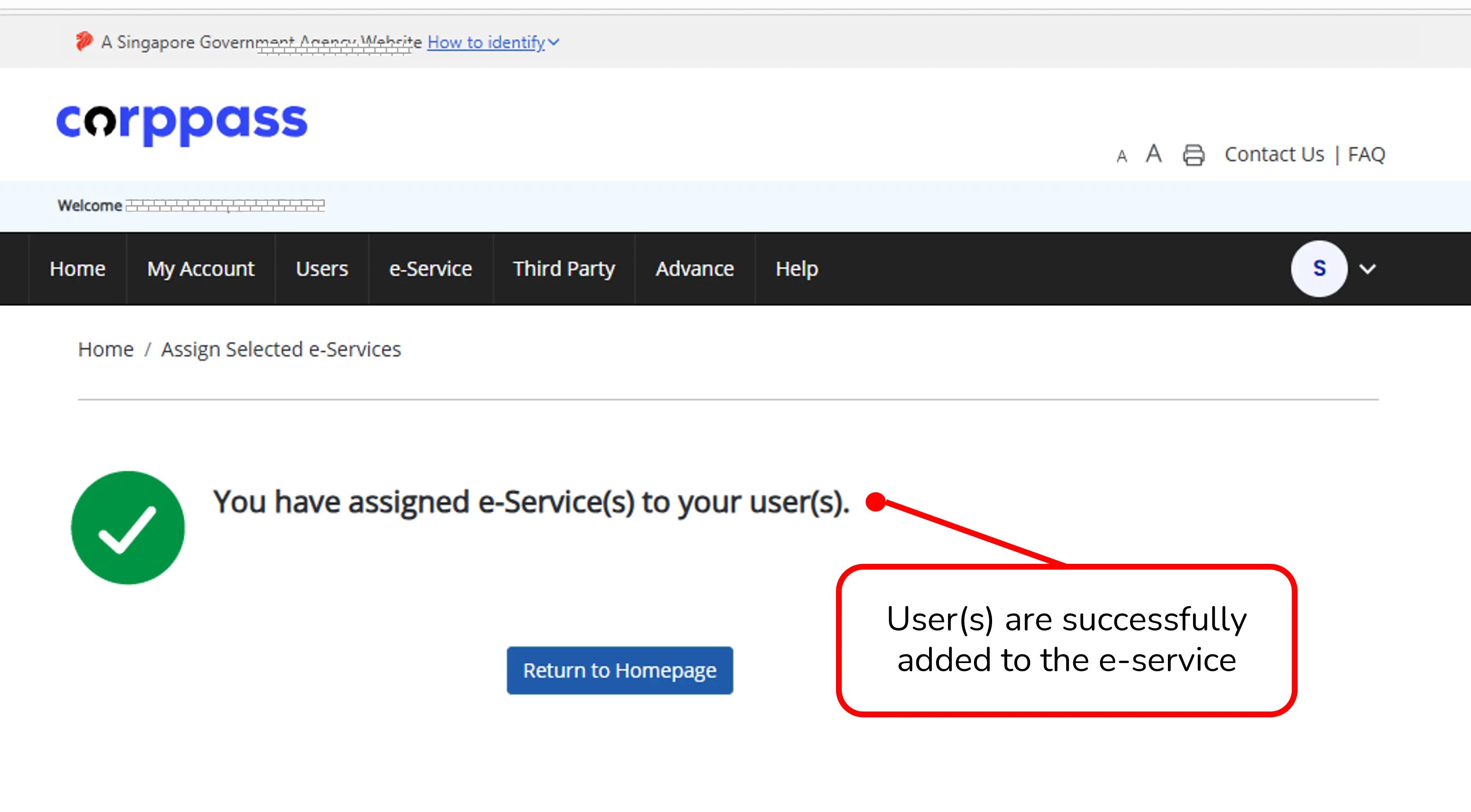 Successful assignment of e-service to user message