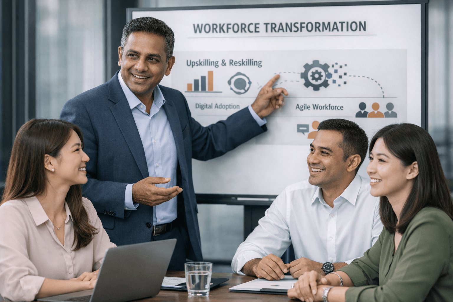 A smiling business manager stands pointing to a presentation board about workforce transformation, upskilling, and agile workforce, while three engaged colleagues listen at a conference table